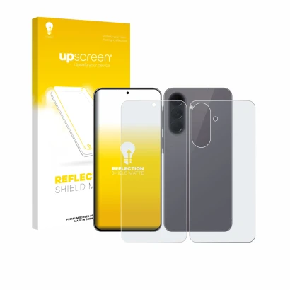 Face avant d’un emballage produit avec le logo de la marque upscreen. À côté, l’appareil Samsung Galaxy A57 5G (Avant+Arrière)
