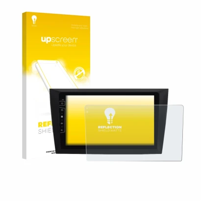 Face avant d’un emballage produit avec le logo de la marque upscreen. À côté, l’appareil Dynavin D8-DF31 9" est représenté ave