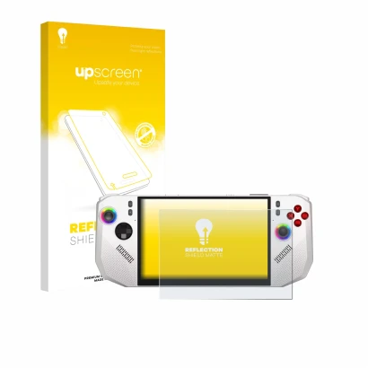 Face avant d’un emballage produit avec le logo de la marque upscreen. À côté, l’appareil MSI Claw A8 BZ2EM est représenté avec