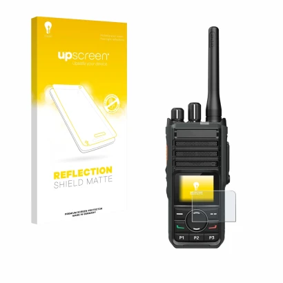 Face avant d’un emballage produit avec le logo de la marque upscreen. À côté, l’appareil Hytera HP565 est représenté avec la p