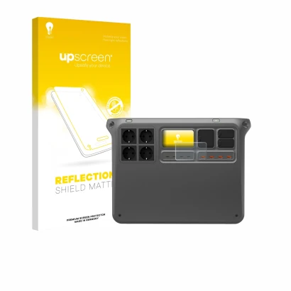 Face avant d’un emballage produit avec le logo de la marque upscreen. À côté, l’appareil DJI Power 2000 est représenté avec la