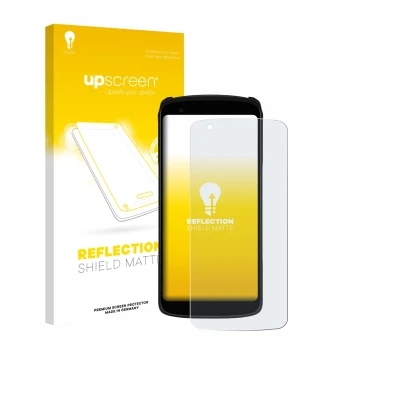 Face avant d’un emballage produit avec le logo de la marque upscreen. À côté, l’appareil Zebra TC22R est représenté avec la pr