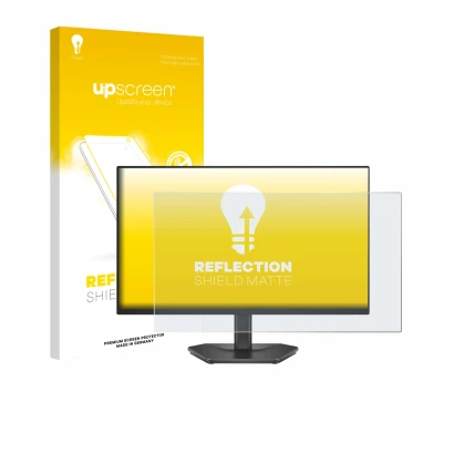 Face avant d’un emballage produit avec le logo de la marque upscreen. À côté, l’appareil Dell 24 SE2426HG est représenté avec