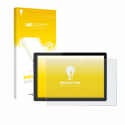 Face avant d’un emballage produit avec le logo de la marque upscreen. À côté, l’appareil Lisciani Mio Tab 10" est représenté a