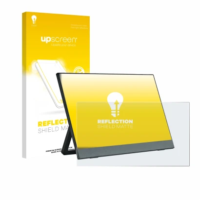 Face avant d’un emballage produit avec le logo de la marque upscreen. À côté, l’appareil Anmite A140W03 14" est représenté ave