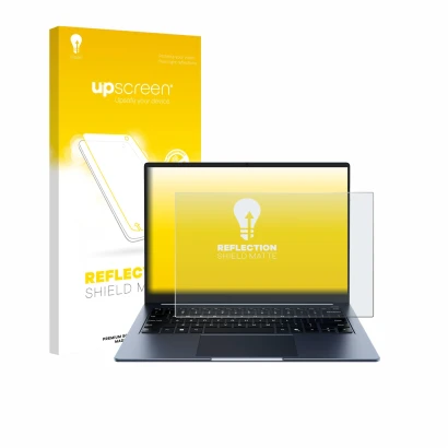 Face avant d’un emballage produit avec le logo de la marque upscreen. À côté, l’appareil Chuwi CoreBook Air 14" est représenté