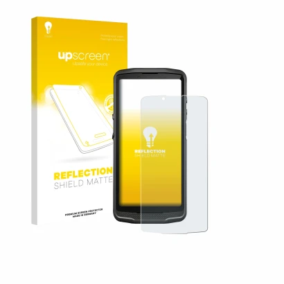 Face avant d’un emballage produit avec le logo de la marque upscreen. À côté, l’appareil Crosscall Core M6 est représenté avec
