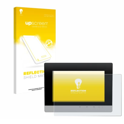 Face avant d’un emballage produit avec le logo de la marque upscreen. À côté, l’appareil WAGO Touch Panel 600 Web Panel est re