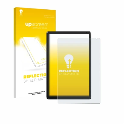 Face avant d’un emballage produit avec le logo de la marque upscreen. À côté, l’appareil Ainmel AMLC12 10.1" est représenté av