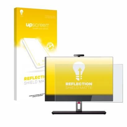 Face avant d’un emballage produit avec le logo de la marque upscreen. À côté, l’appareil Lenovo ThinkCentre M90a Gen 5 23,8" e