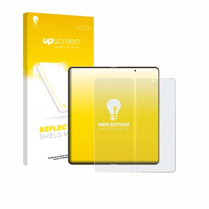 Face avant d’un emballage produit avec le logo de la marque upscreen. À côté, l’appareil Honor Magic V6 (Affichage interne) es