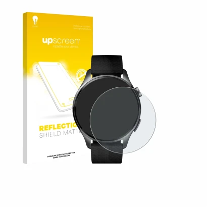 Face avant d’un emballage produit avec le logo de la marque upscreen. À côté, l’appareil Xiaomi Watch 5 (47 mm) est représenté