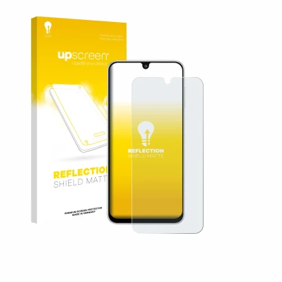 Face avant d’un emballage produit avec le logo de la marque upscreen. À côté, l’appareil Samsung Galaxy M16 est représenté ave