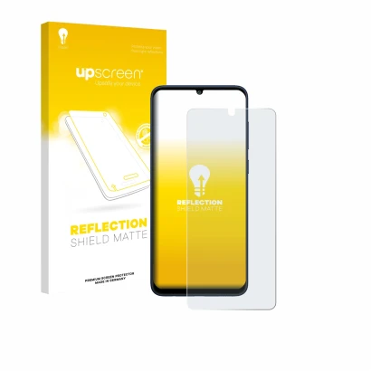 Face avant d’un emballage produit avec le logo de la marque upscreen. À côté, l’appareil Samsung Galaxy F05 est représenté ave