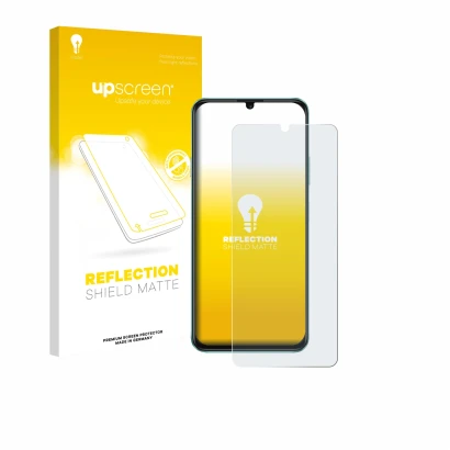 Face avant d’un emballage produit avec le logo de la marque upscreen. À côté, l’appareil Huawei Enjoy 70 est représenté avec l