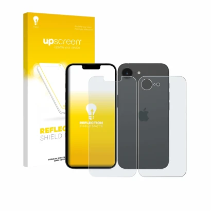 Face avant d’un emballage produit avec le logo de la marque upscreen. À côté, l’appareil Apple iPhone 17e (Avant+Arrière) est