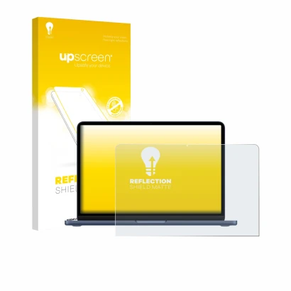 Face avant d’un emballage produit avec le logo de la marque upscreen. À côté, l’appareil Apple MacBook Neo 13" 2026 est représ