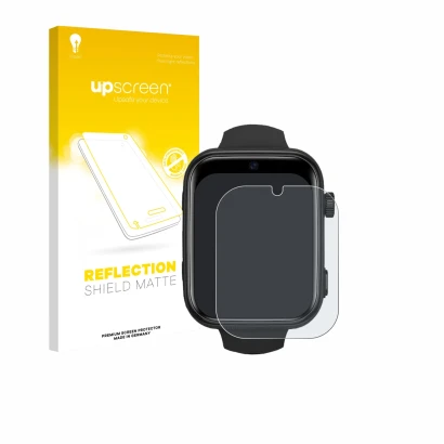 Face avant d’un emballage produit avec le logo de la marque upscreen. À côté, l’appareil Aimiuvei Kids Smartwatch est représen