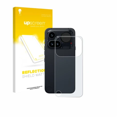 Face avant d’un emballage produit avec le logo de la marque upscreen. À côté, l’appareil Nothing Phone (4a) Pro (Arrière) est