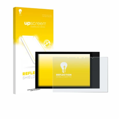 Face avant d’un emballage produit avec le logo de la marque upscreen. À côté, l’appareil Shelly Wall Display XL est représenté