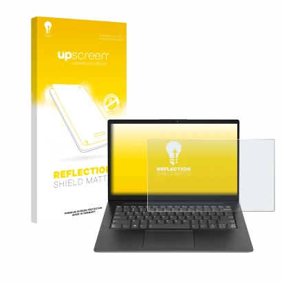 Face avant d’un emballage produit avec le logo de la marque upscreen. À côté, l’appareil Lenovo V14 Gen 4 est représenté avec 