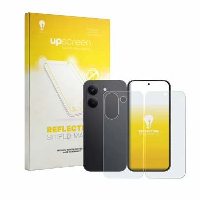 Face avant d’un emballage produit avec le logo de la marque upscreen. À côté, l’appareil Xiaomi Poco X8 Pro (Avant+Arrière) es