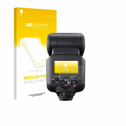 Face avant d’un emballage produit avec le logo de la marque upscreen. À côté, l’appareil Canon Speedlite EL-5 est représenté a