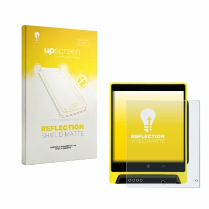 Face avant d’un emballage produit avec le logo de la marque upscreen. À côté, l’appareil Nayax VPOS Media 4 est représenté ave