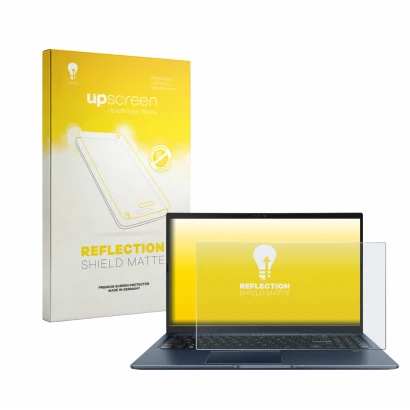 Face avant d’un emballage produit avec le logo de la marque upscreen. À côté, l’appareil ASUS Vivobook 15 M1502YA est représen