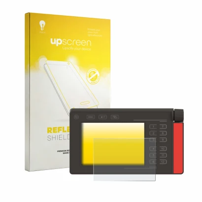 Face avant d’un emballage produit avec le logo de la marque upscreen. À côté, l’appareil Müller Elektronik SMART570 est représ