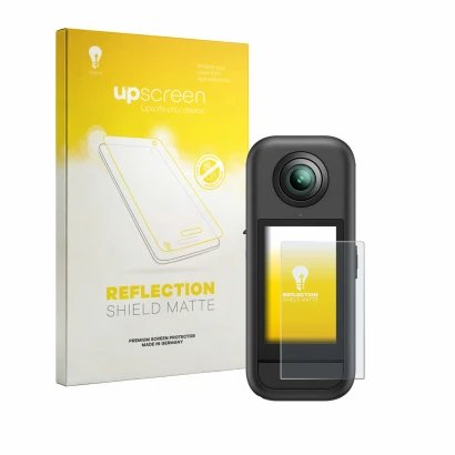 Face avant d’un emballage produit avec le logo de la marque upscreen. À côté, l’appareil Akaso 360 est représenté avec la prot