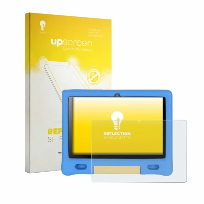Face avant d’un emballage produit avec le logo de la marque upscreen. À côté, l’appareil Bufo Kids Tablet 10.1" est représenté