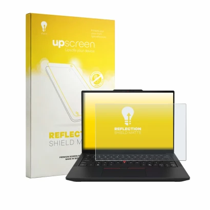 Face avant d’un emballage produit avec le logo de la marque upscreen. À côté, l’appareil Lenovo ThinkPad T14 Gen 7 est représe