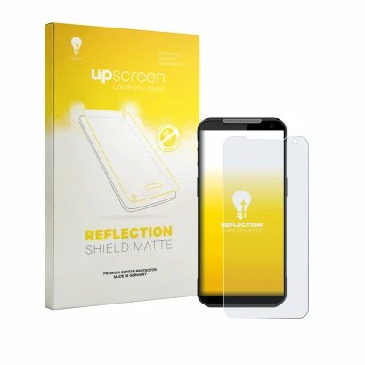 Face avant d’un emballage produit avec le logo de la marque upscreen. À côté, l’appareil Point Mobile MF52 est représenté avec