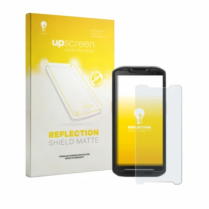 Face avant d’un emballage produit avec le logo de la marque upscreen. À côté, l’appareil Point Mobile PM84P est représenté ave