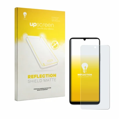 Face avant d’un emballage produit avec le logo de la marque upscreen. À côté, l’appareil General Mobile GM 26 Pro 5G est repré