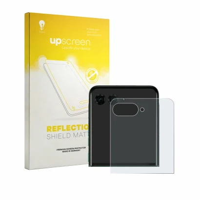 Face avant d’un emballage produit avec le logo de la marque upscreen. À côté, l’appareil Motorola Razr 70 Plus (Affichage arri