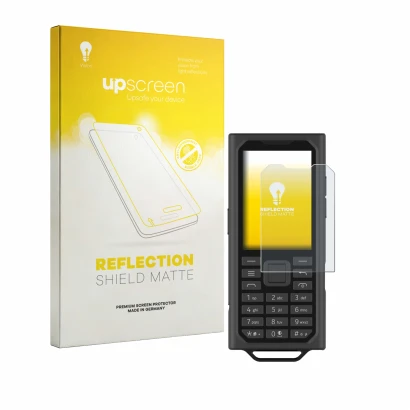Face avant d’un emballage produit avec le logo de la marque upscreen. À côté, l’appareil HMD Terra M est représenté avec la pr