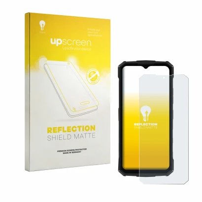Face avant d’un emballage produit avec le logo de la marque upscreen. À côté, l’appareil Doogee Fire 5 Pro est représenté avec
