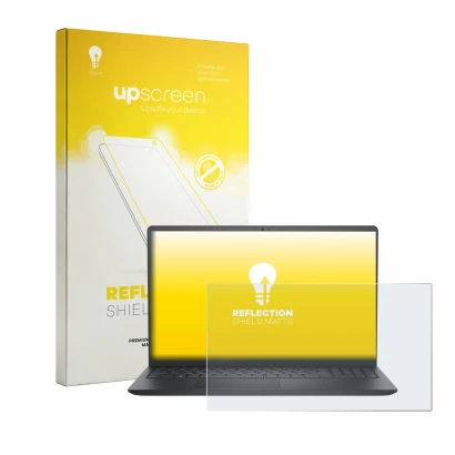 Face avant d’un emballage produit avec le logo de la marque upscreen. À côté, l’appareil Dell Pro 15 Essential PV15250 est rep
