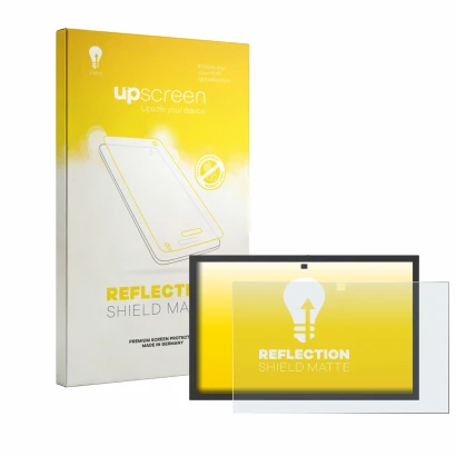 Face avant d’un emballage produit avec le logo de la marque upscreen. À côté, l’appareil Amazon Echo Show 21 est représenté av