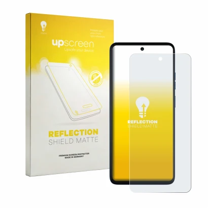 Face avant d’un emballage produit avec le logo de la marque upscreen. À côté, l’appareil Motorola Moto G57 est représenté avec