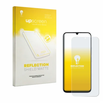 Face avant d’un emballage produit avec le logo de la marque upscreen. À côté, l’appareil realme C100 4G est représenté avec la