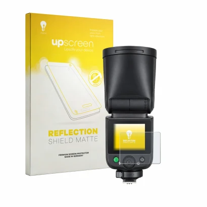 Face avant d’un emballage produit avec le logo de la marque upscreen. À côté, l’appareil Godox V1 mid est représenté avec la p