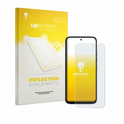 Face avant d’un emballage produit avec le logo de la marque upscreen. À côté, l’appareil Tecno Spark 50 4G est représenté avec