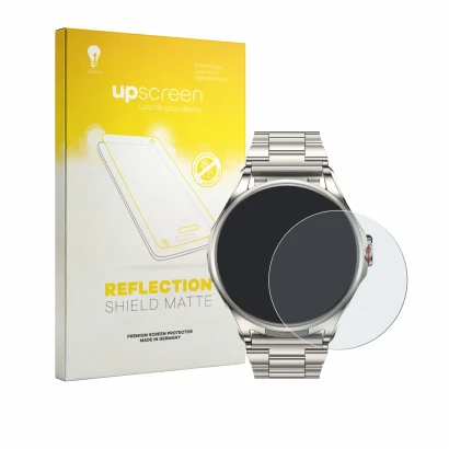 Face avant d’un emballage produit avec le logo de la marque upscreen. À côté, l’appareil Huawei Watch Buds 2 est représenté av