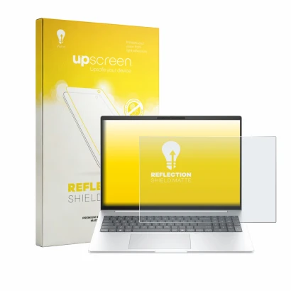 Face avant d’un emballage produit avec le logo de la marque upscreen. À côté, l’appareil HP EliteBook 8 G2i 16" est représenté