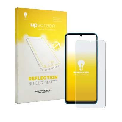 Face avant d’un emballage produit avec le logo de la marque upscreen. À côté, l’appareil HMD Vibe 2 5G est représenté avec la 