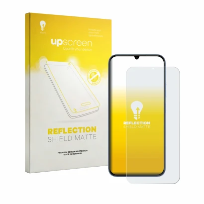 Face avant d’un emballage produit avec le logo de la marque upscreen. À côté, l’appareil realme C100x est représenté avec la p