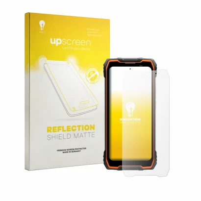 Face avant d’un emballage produit avec le logo de la marque upscreen. À côté, l’appareil Blackview Rock 2 est représenté avec 